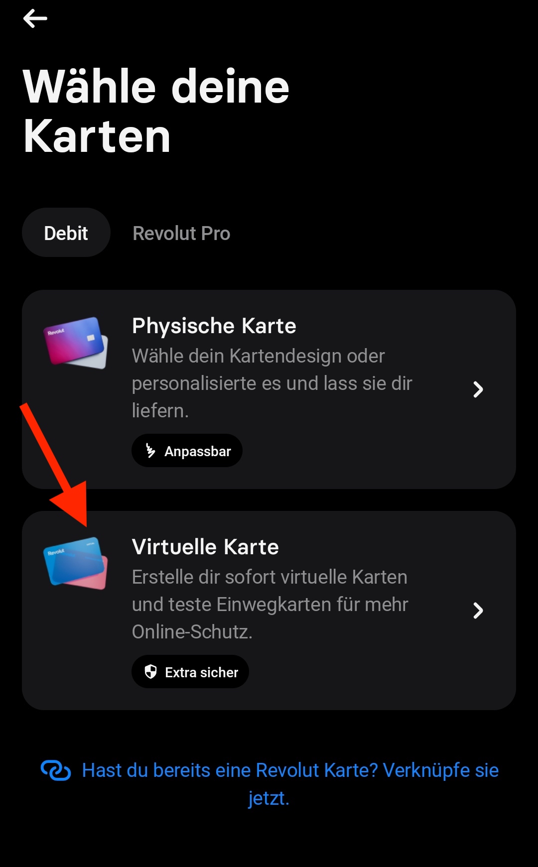 Revolut virtuelle Karte wählen