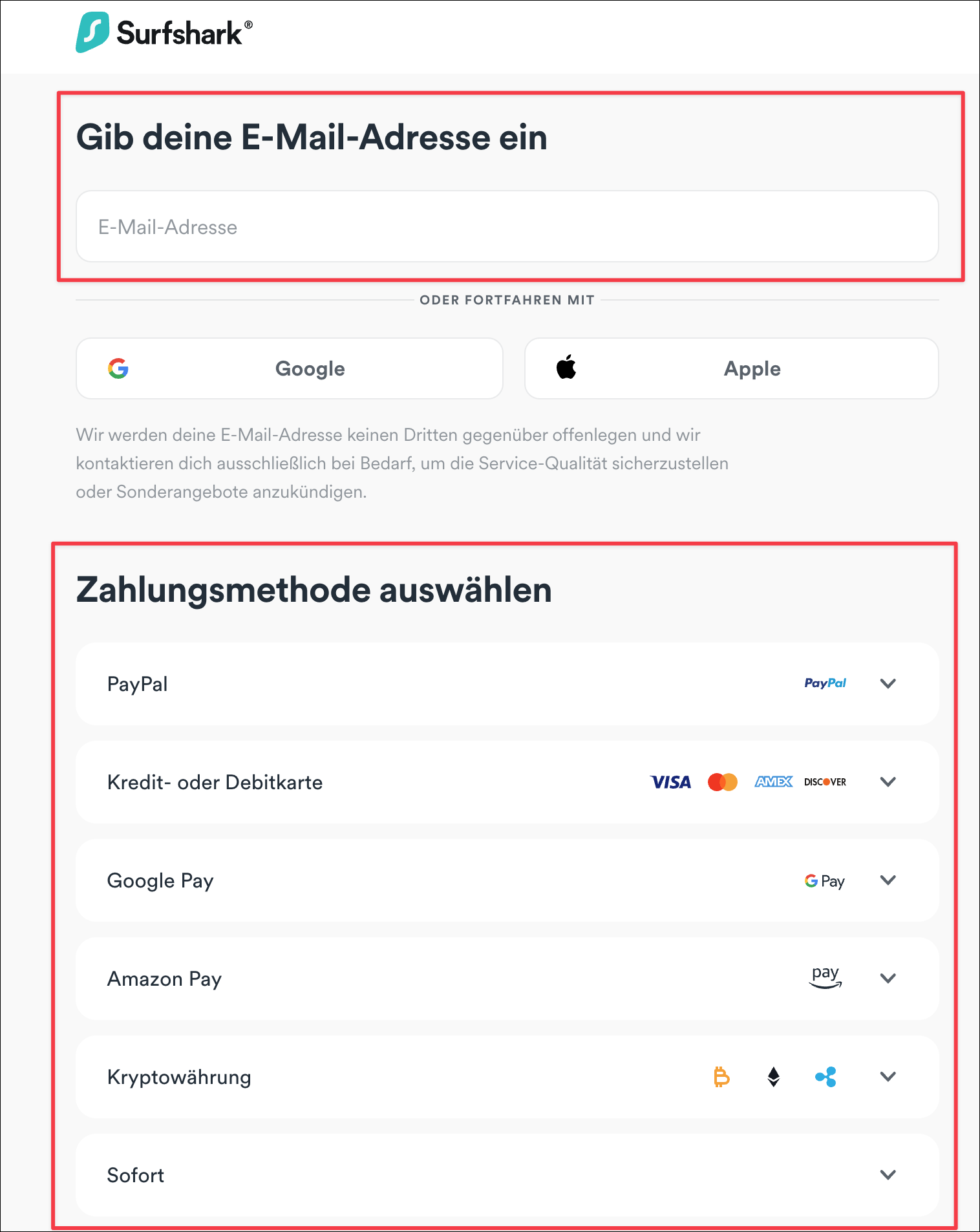 Surfshark Zahlungsmethode